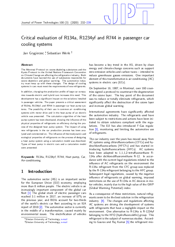 (PDF) Critical evaluation of R134a, R1234yf and R744 in passenger car ...