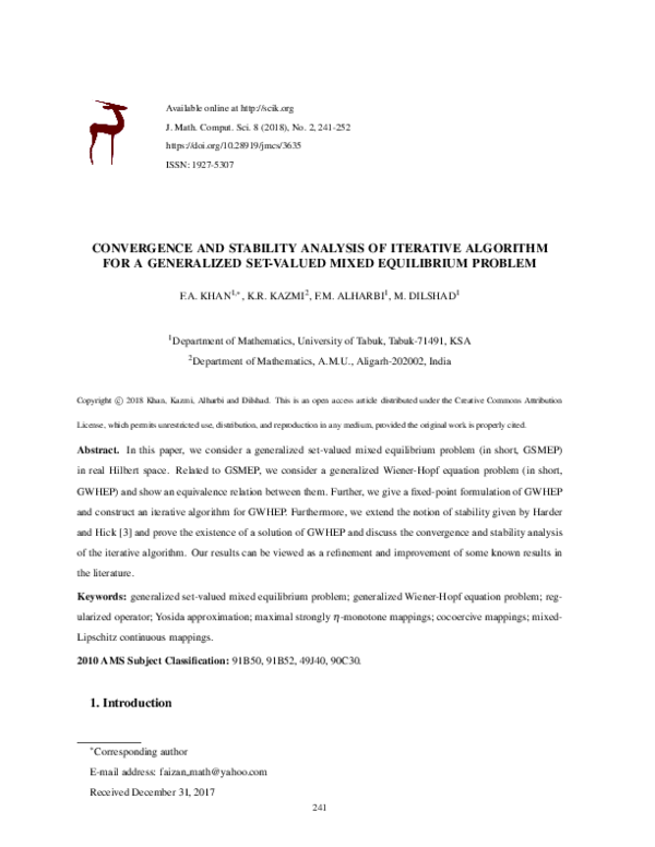 (PDF) Convergence and stability analysis of iterative algorithm for a ...