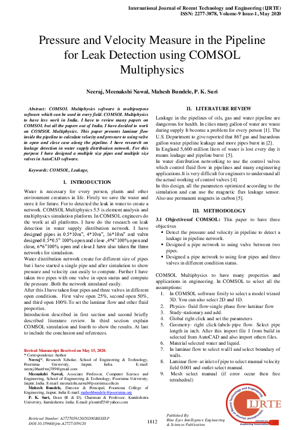 (PDF) Pressure and Velocity Measure in the Pipeline for Leak Detection ...