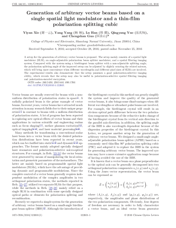 (PDF) Generation of arbitrary vector beams based on a single spatial ...