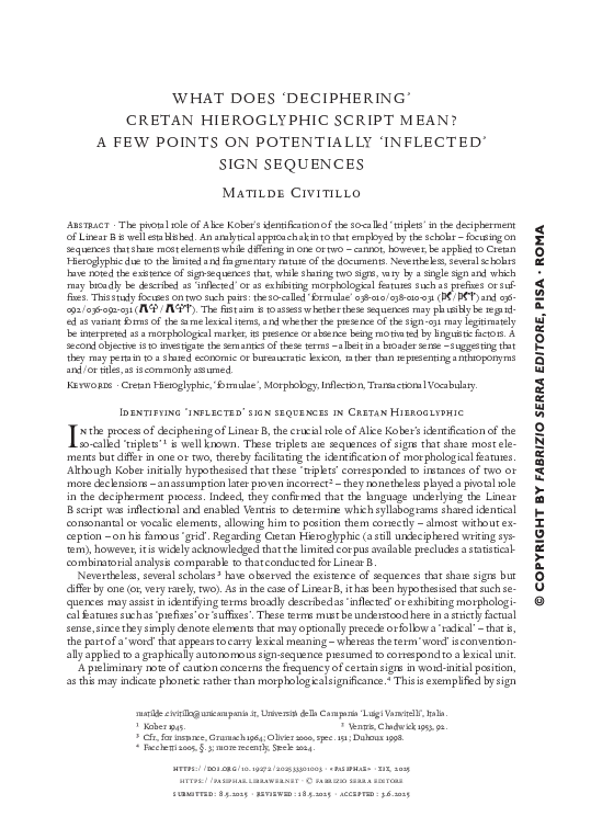 (PDF) “What does 'deciphering' Cretan Hieroglyphic script mean? A few ...