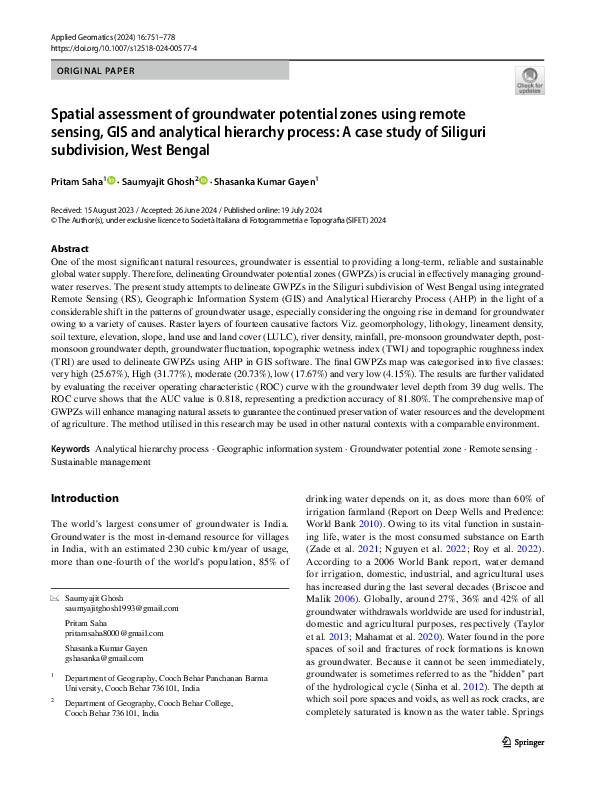 (PDF) Spatial assessment of groundwater potential zones using remote ...