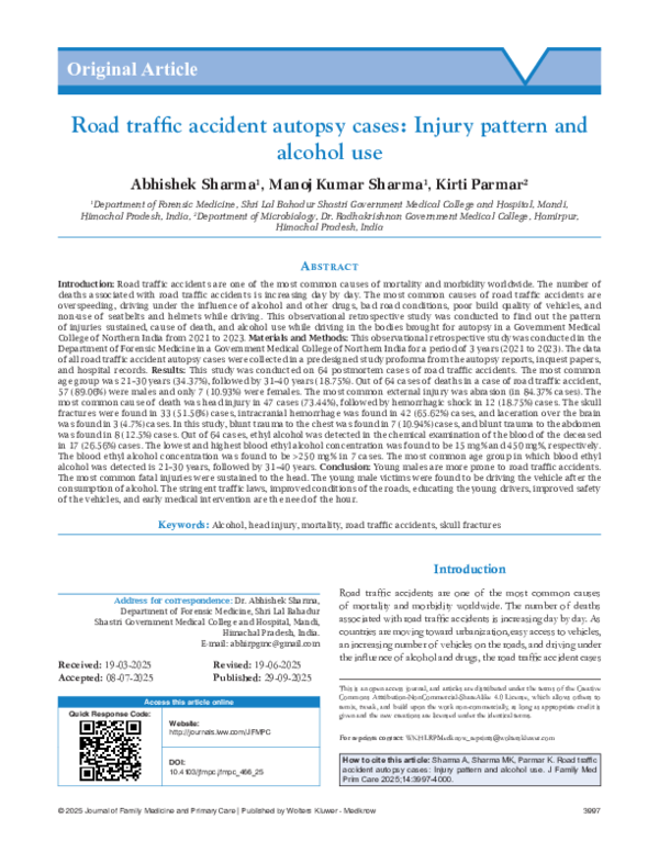 (PDF) Road traffic accident autopsy cases: Injury pattern and alcohol use