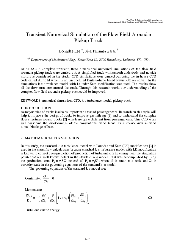 (PDF) Transient Numerical Simulation of the Flow Field Around a Pickup ...