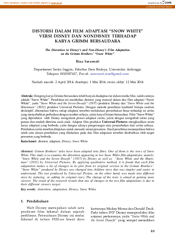 (PDF) DISTORSI DALAM FILM ADAPTASI “SNOW WHITE” VERSI DISNEY DAN ...