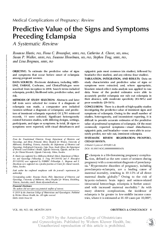 (PDF) Predictive Value of the Signs and Symptoms Preceding Eclampsia