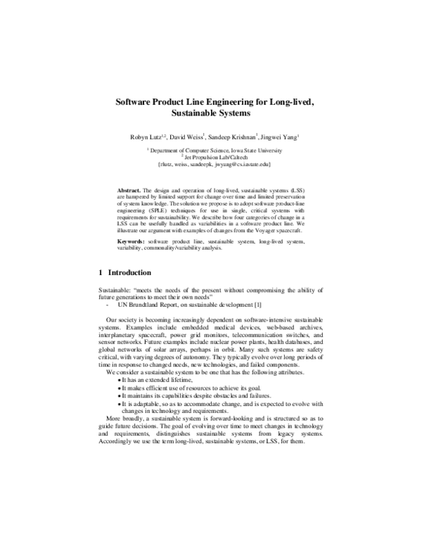 (PDF) Software Product Line Engineering for Long-Lived, Sustainable Systems