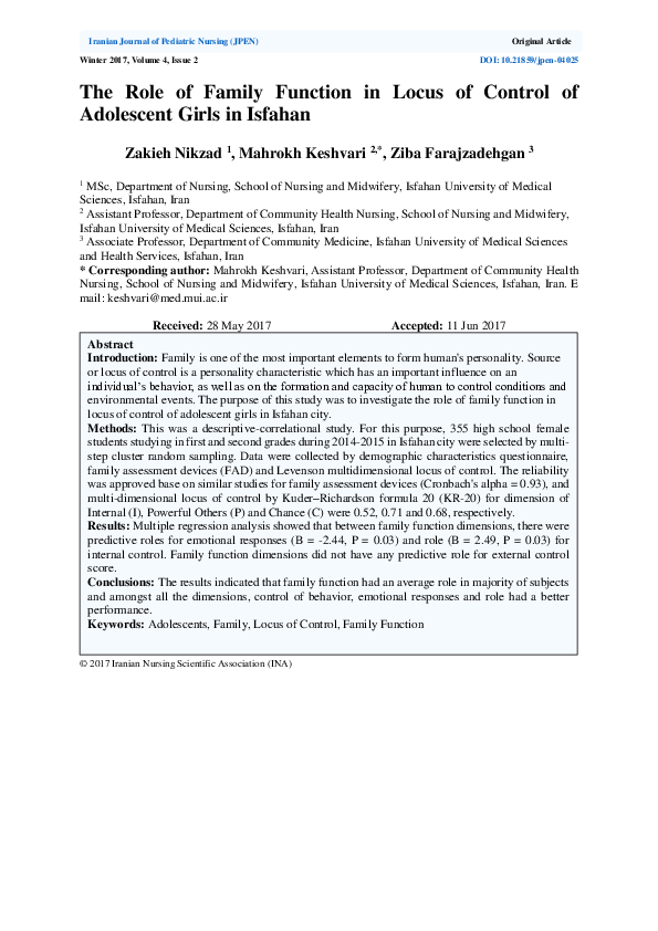 (PDF) The role of family function in locus of control of adolescent ...
