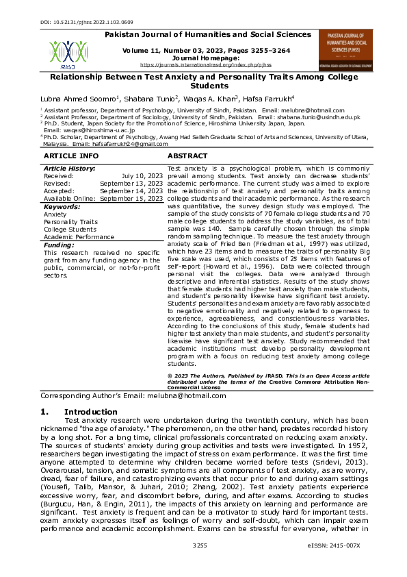 (PDF) Relationship Between Test Anxiety and Personality Traits Among ...