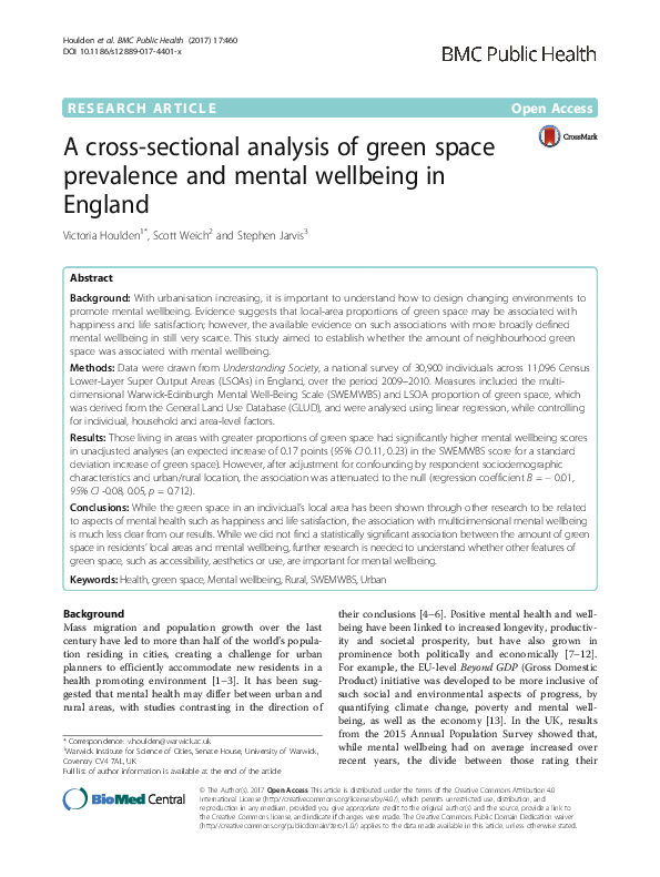 (PDF) A cross-sectional analysis of green space prevalence and mental ...