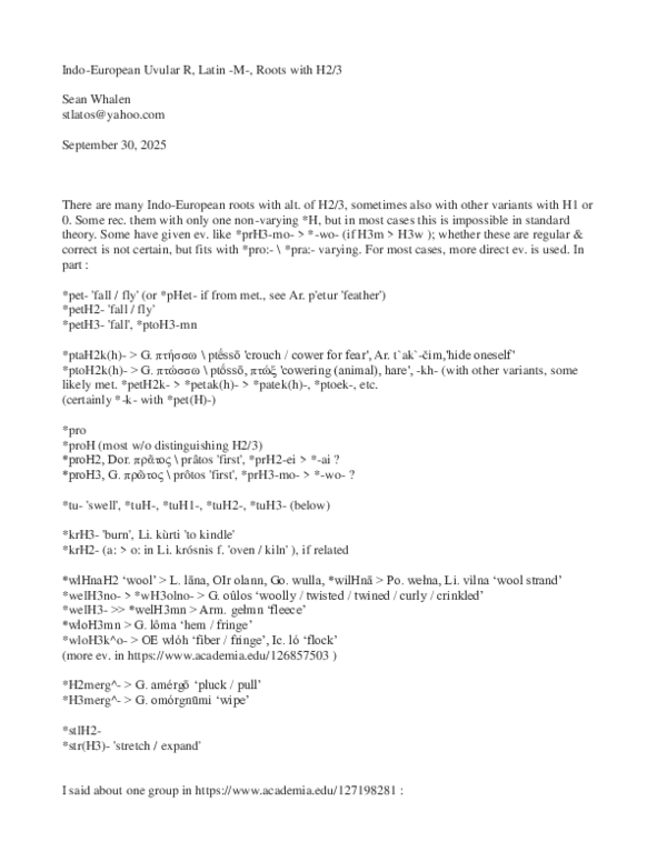 (PDF) Indo-European Uvular R, Latin -M-, Roots with H2/3