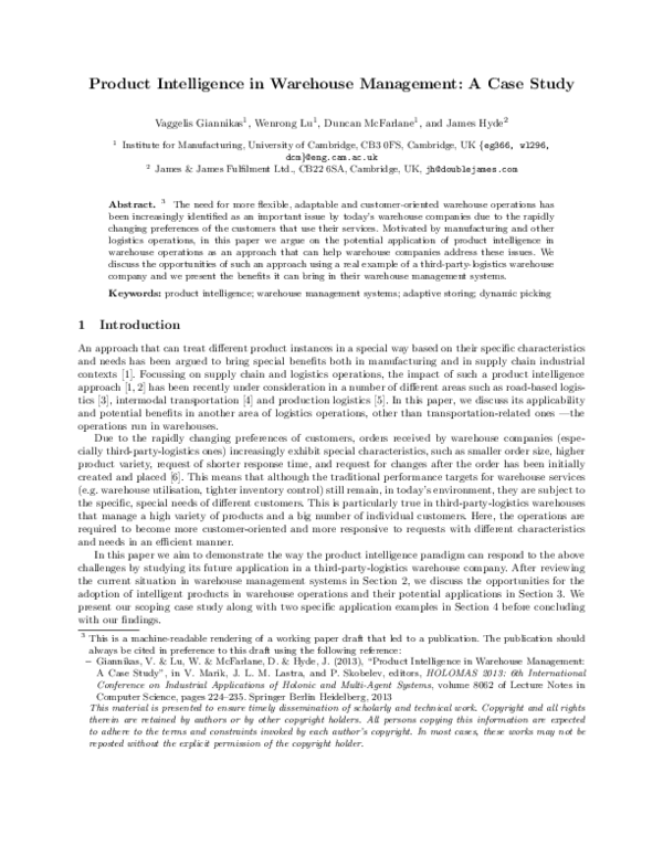 (PDF) Product Intelligence in Warehouse Management: A Case Study