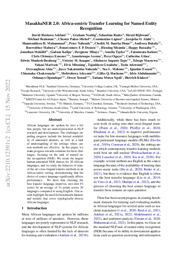 (PDF) MasakhaNER 2.0: Africa-centric Transfer Learning for Named Entity ...