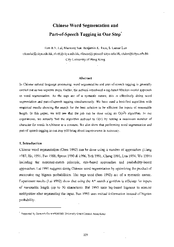 (PDF) Chinese Word Segmentation and Part-of-Speech Tagging in One Step