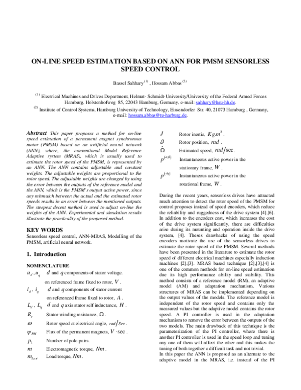 (PDF) On-line speed estimation based on ANN for PMSM sensorless speed ...