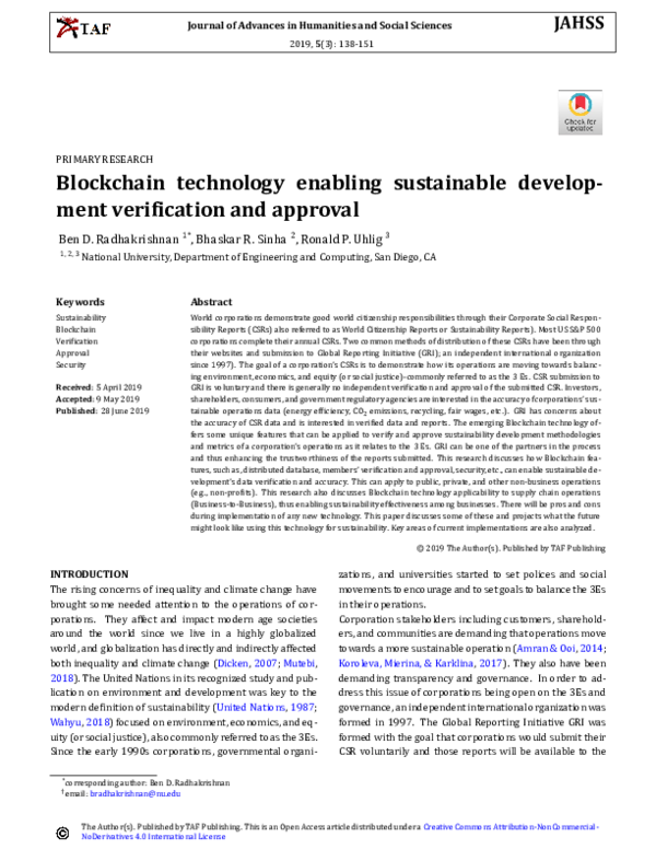 (PDF) Blockchain technology enabling sustainable development ...
