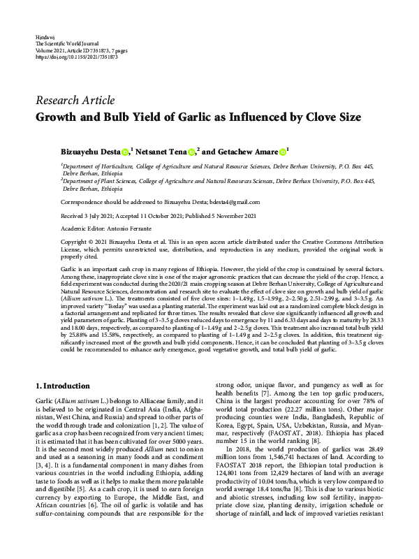(PDF) Growth and Bulb Yield of Garlic as Influenced by Clove Size