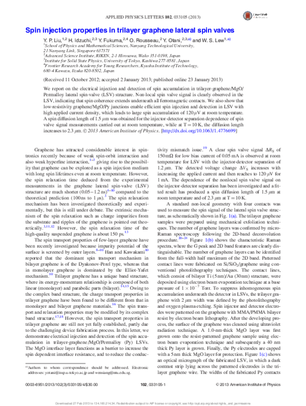 (PDF) Spin injection properties in trilayer graphene lateral spin valves