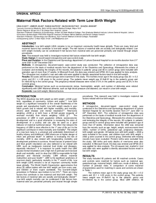 (PDF) Maternal Risk Factors Related with Term Low Birth Weight