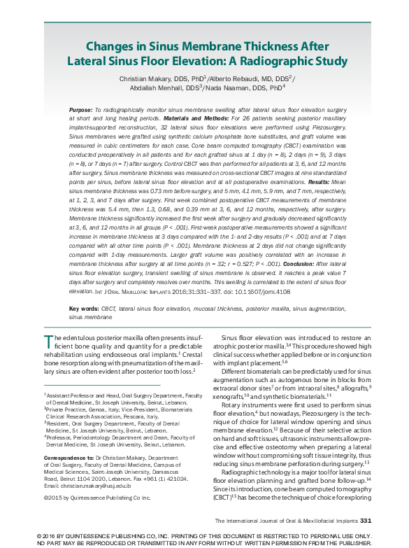 (PDF) Changes in Sinus Membrane Thickness After Lateral Sinus Floor ...