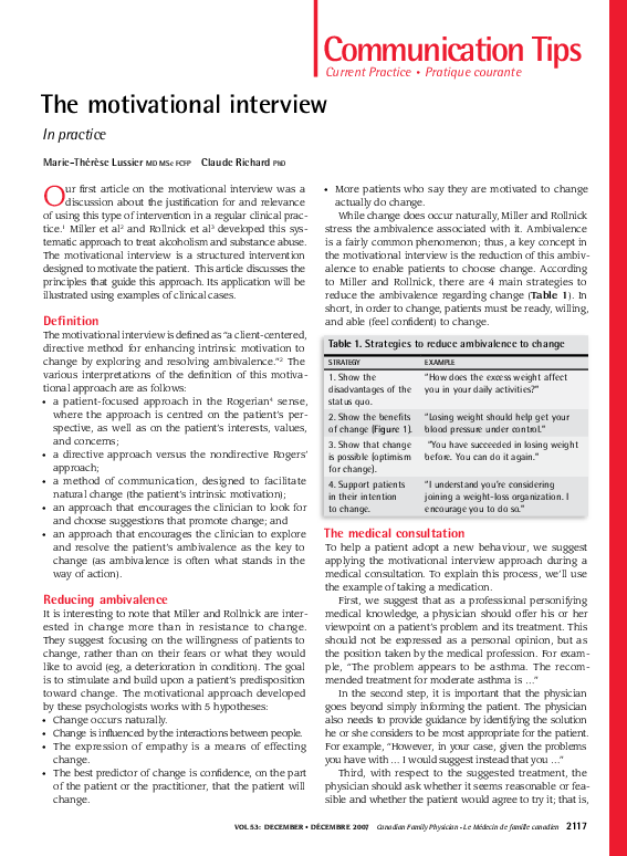 (PDF) The motivational interview: in practice
