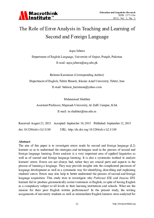 (PDF) The Role of Error Analysis in Teaching and Learning of Second and ...