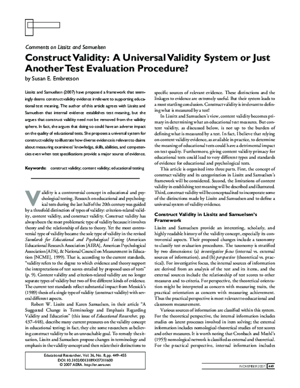 (PDF) Construct Validity: A Universal Validity System or Just Another ...