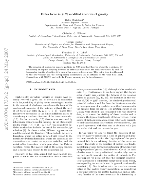 (PDF) Extra force in f(R) modified theories of gravity