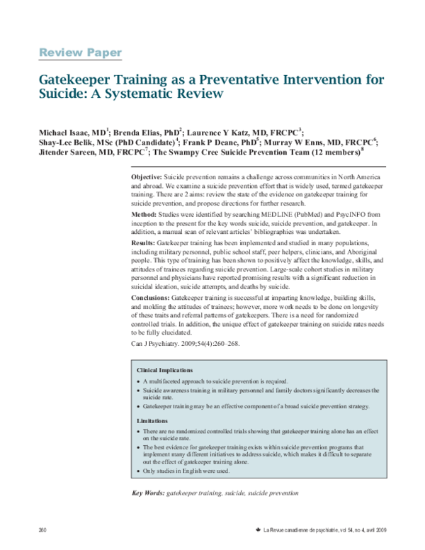 (PDF) Gatekeeper training as a preventative intervention for suicide: a ...