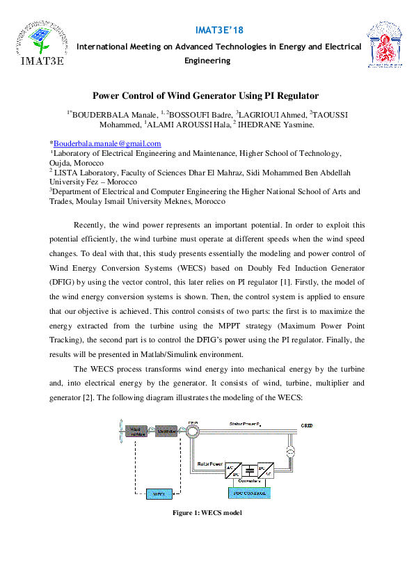 (PDF) Power control of wind generator using PI regulator