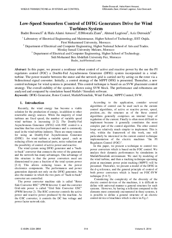 (PDF) Low-Speed Sensorless Control of DFIG Generators Drive for Wind ...