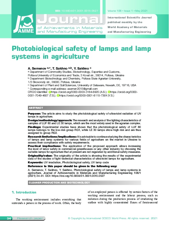 (PDF) Photobiological safety of lamps and lamp systems in agriculture