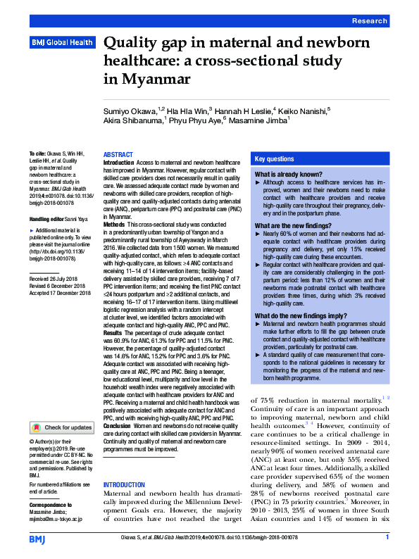 (PDF) Quality gap in maternal and newborn healthcare: a cross-sectional ...
