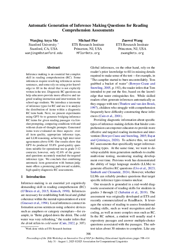 (PDF) Automatic Generation of Inference Making Questions for Reading ...