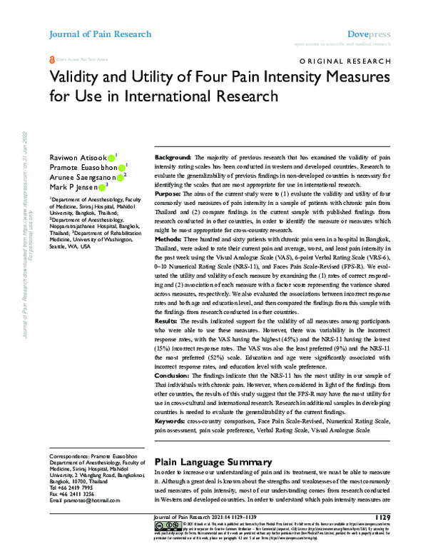 (PDF) Validity and Utility of Four Pain Intensity Measures for Use in ...
