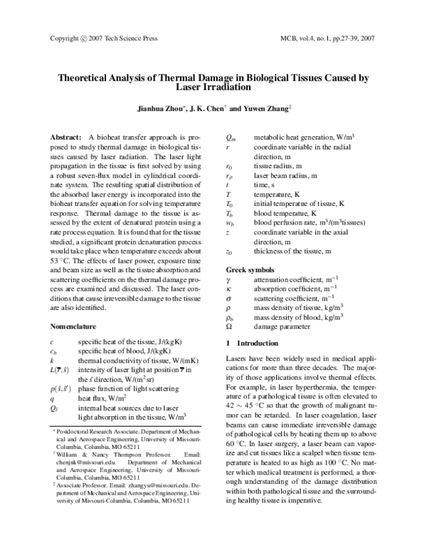 (PDF) Theoretical analysis of thermal damage in biological tissues ...