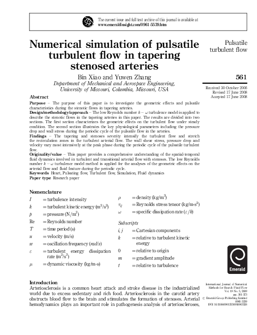 (PDF) Numerical simulation of pulsatile turbulent flow in tapering ...