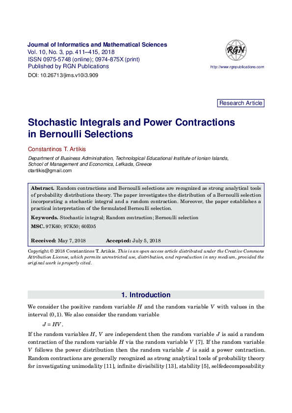 (PDF) Stochastic Integrals and Power Contractions in Bernoulli Selections