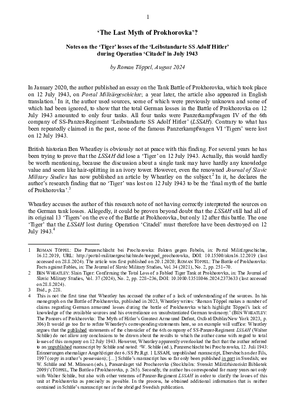(PDF) ‘The Last Myth of Prokhorovka’? Notes on the ‘Tiger’ losses of ...