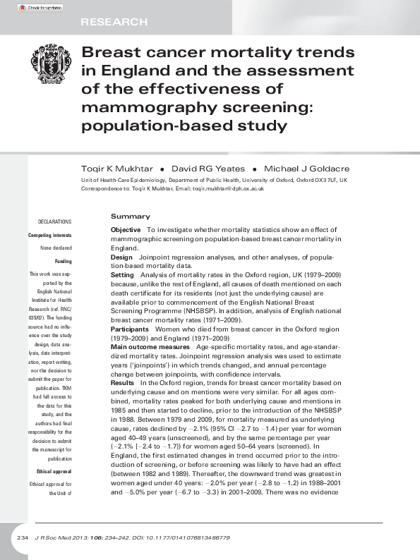 (PDF) Breast cancer mortality trends in England and the assessment of ...
