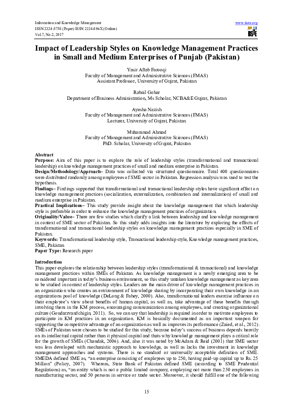 (PDF) Impact of Leadership Styles on Knowledge Management Practices in ...