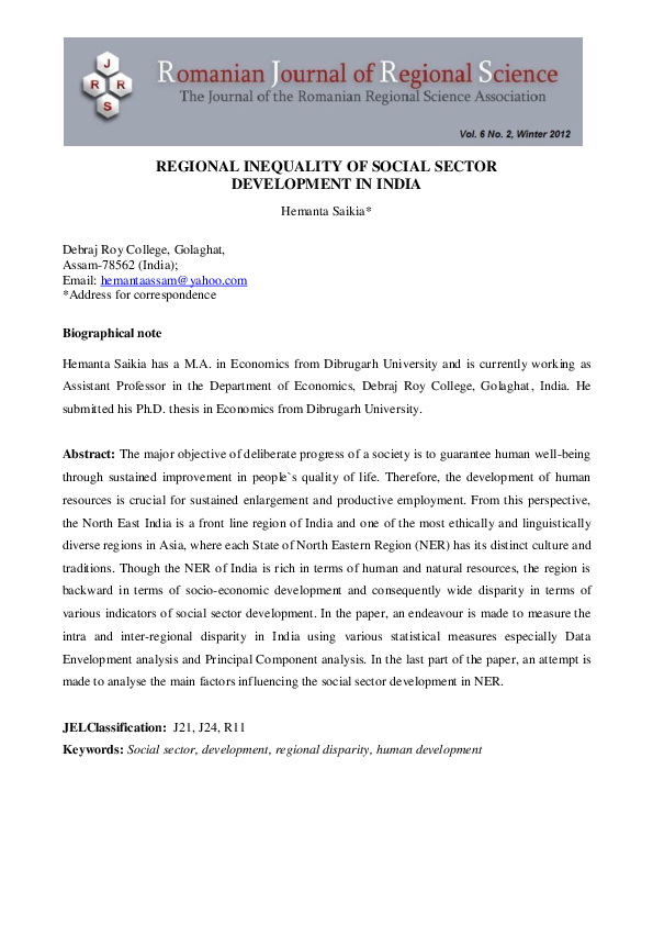 (PDF) Regional Inequality of Social Sector Development in India