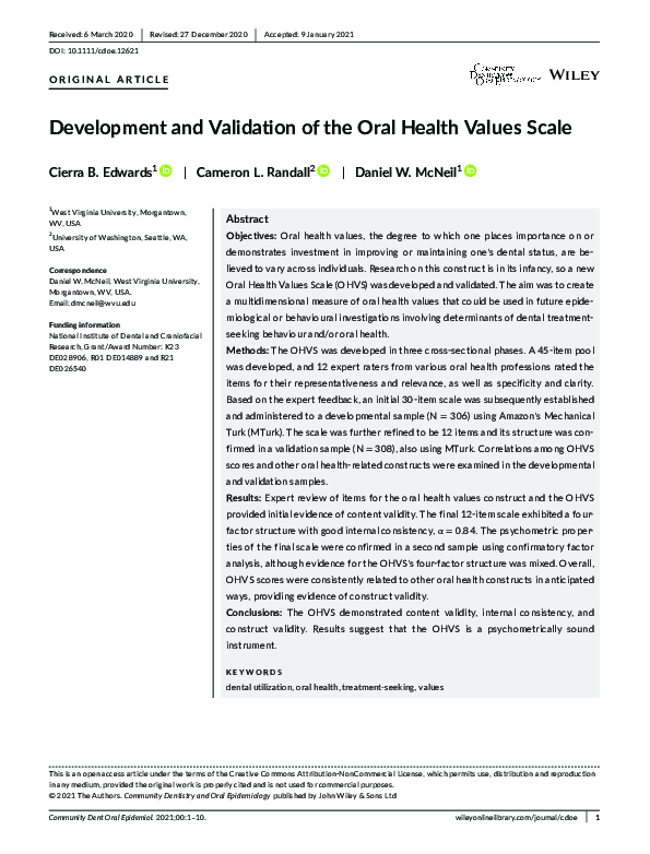 (PDF) Development and Validation of the Oral Health Values Scale