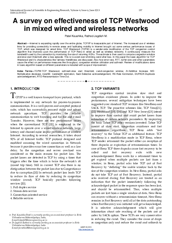 (PDF) A survey on effectiveness of TCP Westwood in mixed wired and ...
