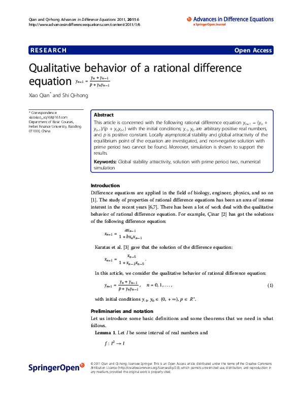 (PDF) Qualitative Behavior Of A Rational Difference Equation