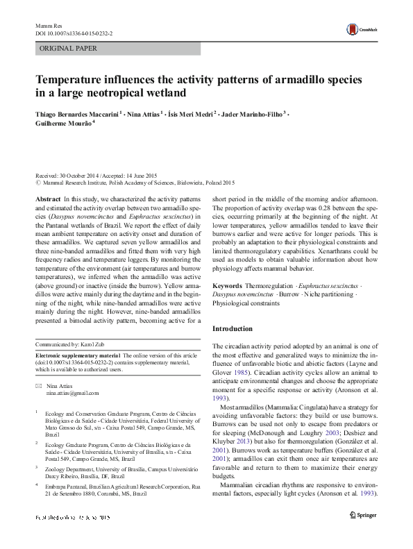 (PDF) Temperature influences the activity patterns of armadillo species ...