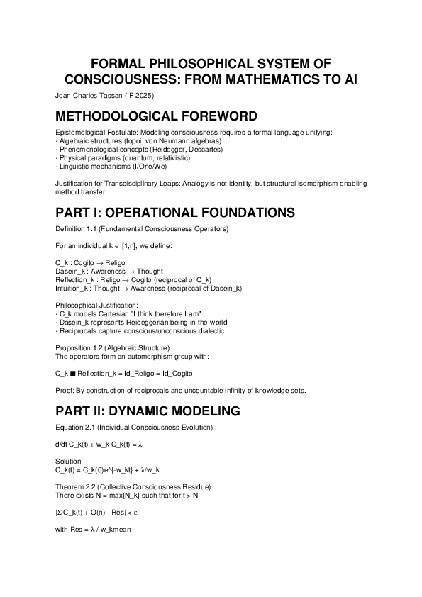 (PDF) FORMAL PHILOSOPHICAL SYSTEM OF CONSCIOUSNESS: FROM MATHEMATICS TO AI
