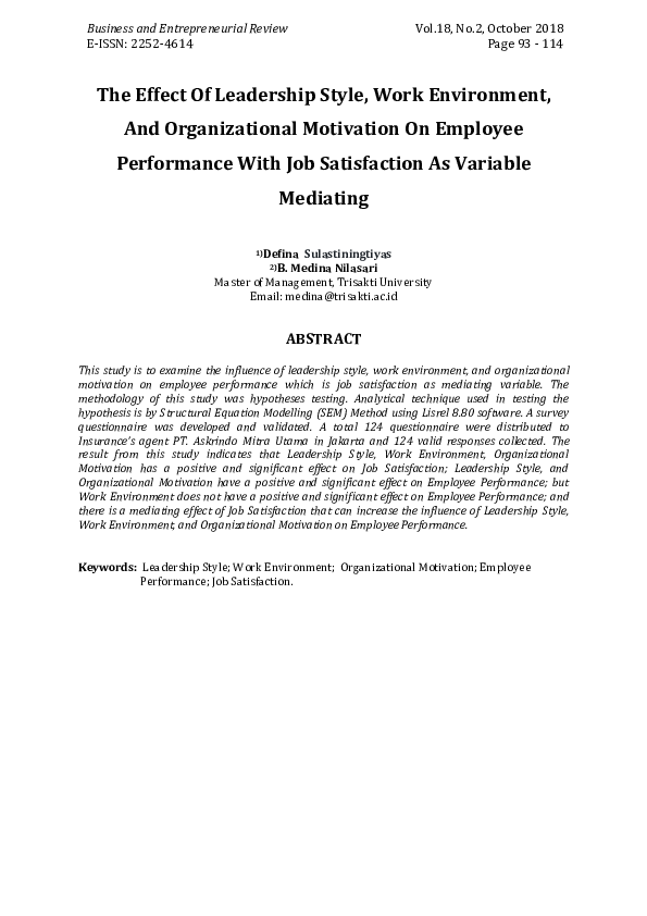 (PDF) The Effect of Leadership Style, Work Environment, and ...