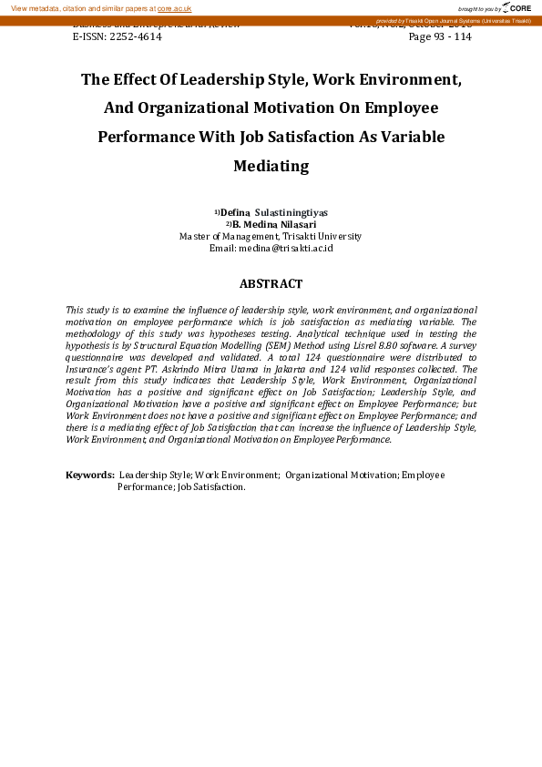 (PDF) The Effect of Leadership Style, Work Environment, and ...