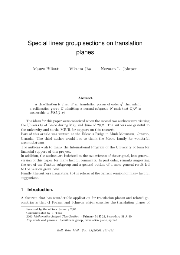 (PDF) Special linear group sections on translation planes